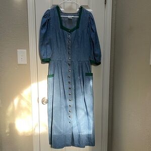 Vintage Austrian tracht Lagenlook Denim Button-Down Dress with Green Accents - M